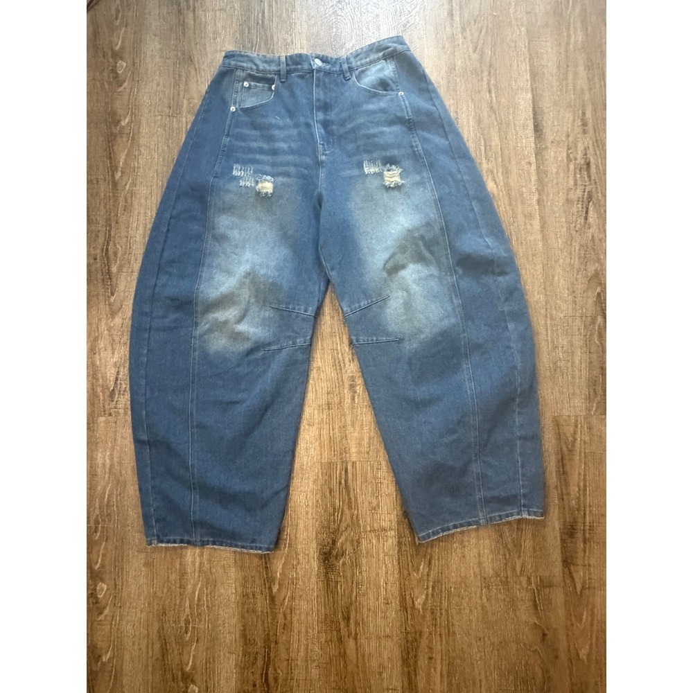 Baggy Barrel Leg Distressed Paneled Denim Jeans Medium Wash Oversized Streetwear